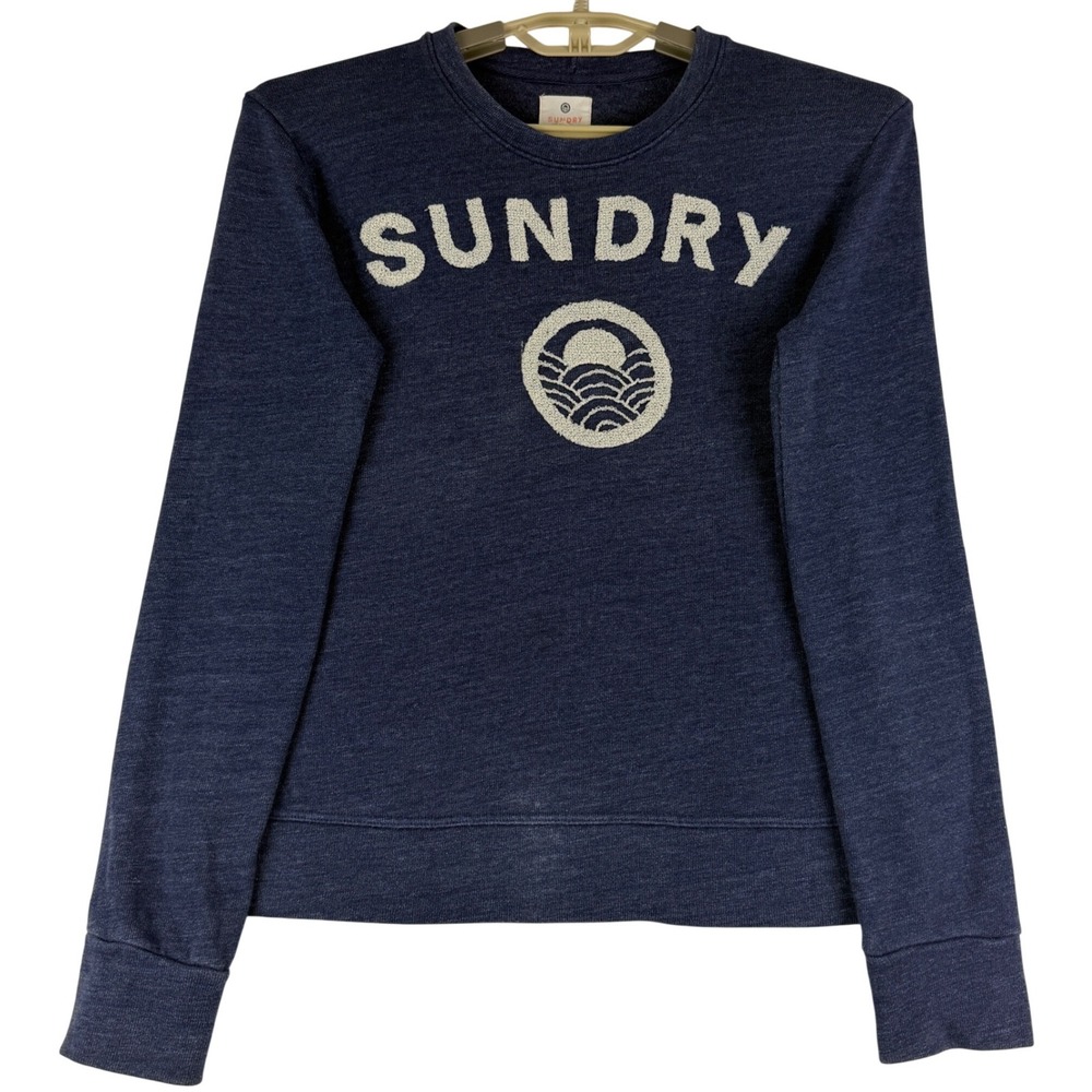 Sundry Sweatshirt Womens XS (0) Navy Blue Heathered Chenille Logo Pullover USA